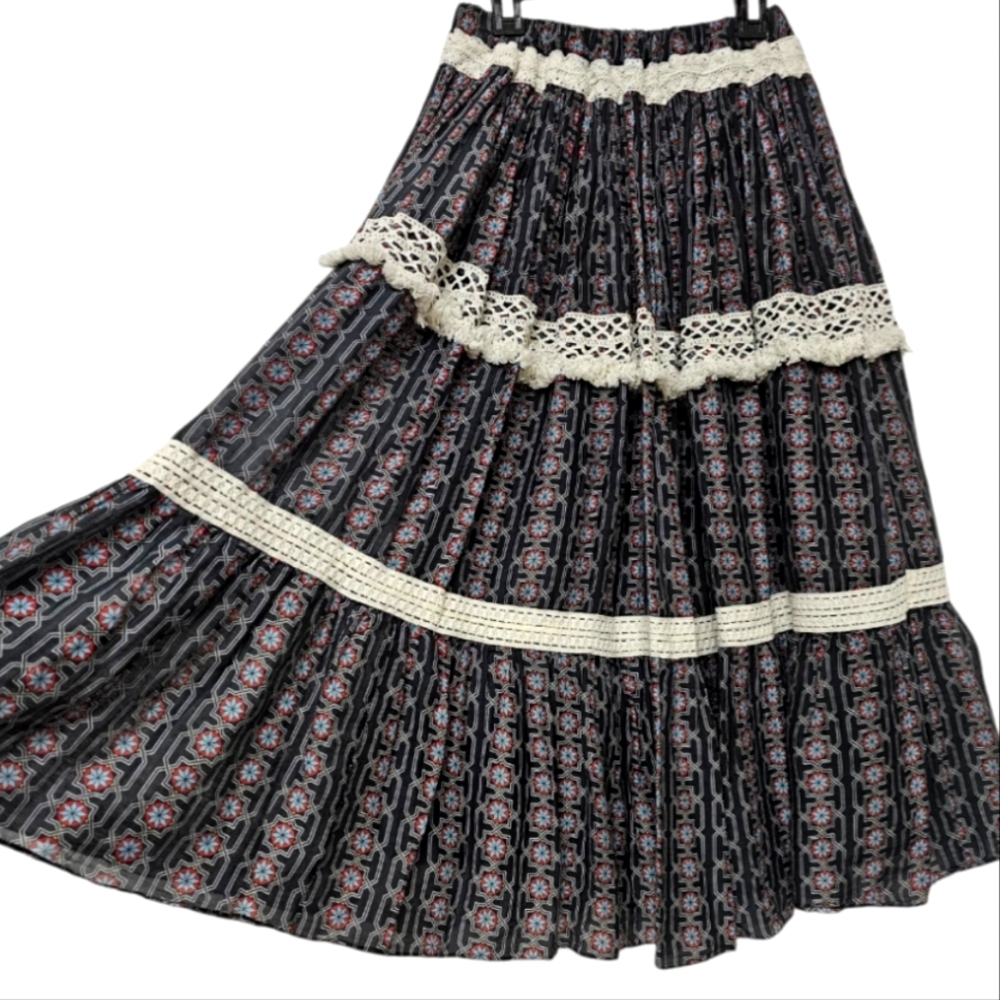Carolina K Boho Print Flowy Triple Band Embroidery & Lace Silk Blend Midi Skirt